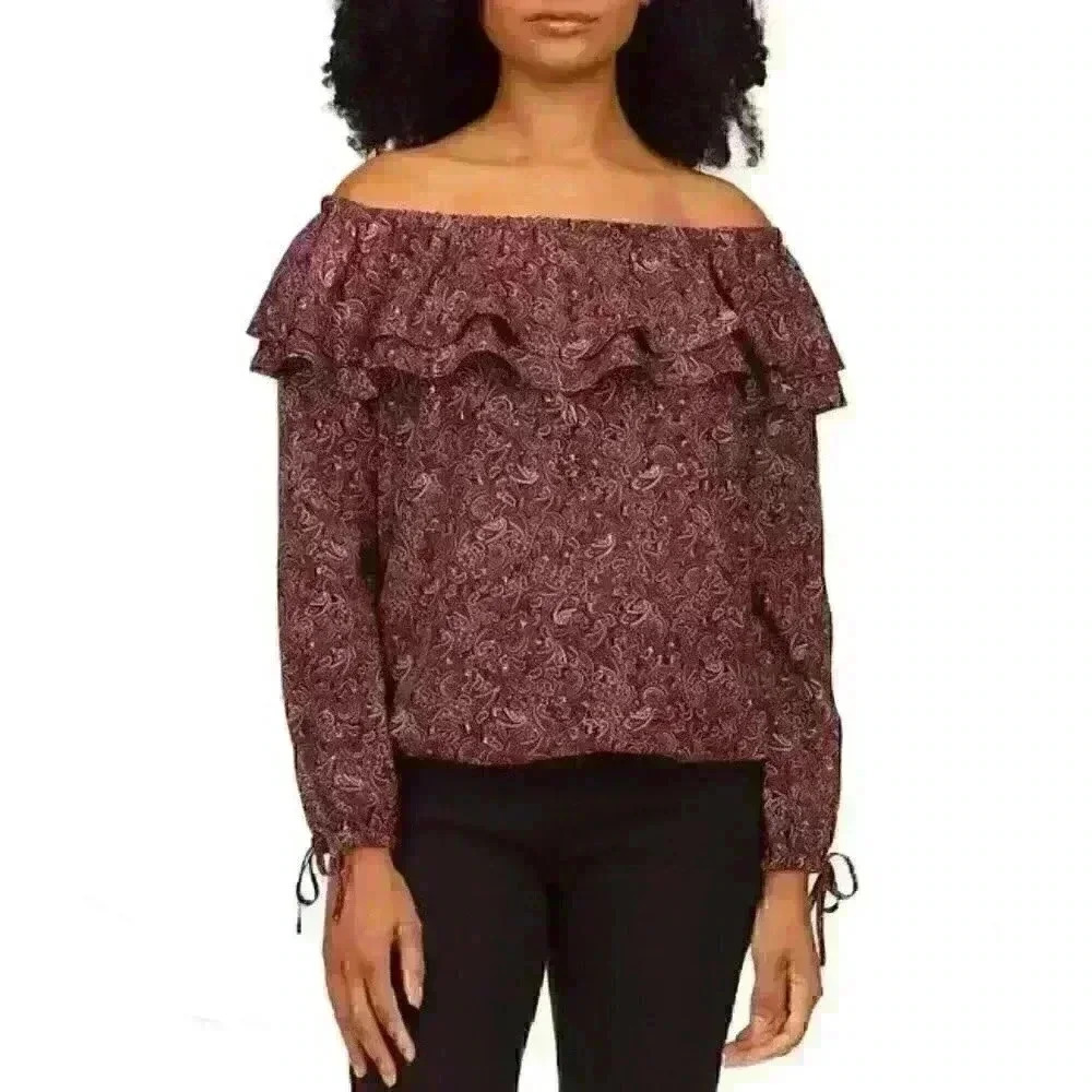 NEW! MICHAEL Michael Kors Women's M Ruffled Off-The-Shoulder Paisley Top NWT $88